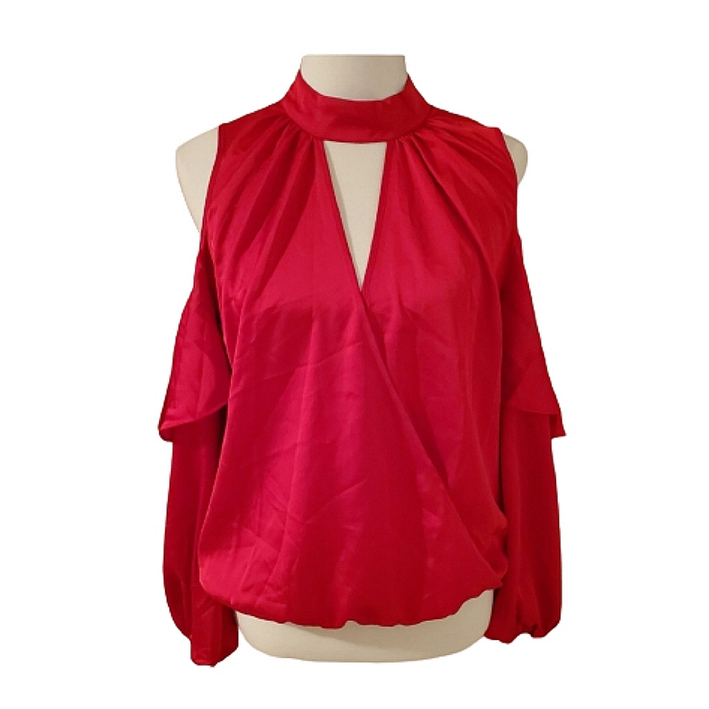 Red Cold-Shoulder Mock Neck Blouse